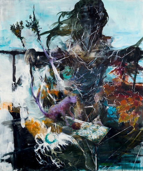 Alexander König: Spätsommerbank, 2016, Öl und Acryl auf Leinwand, 180 x 150 cm

